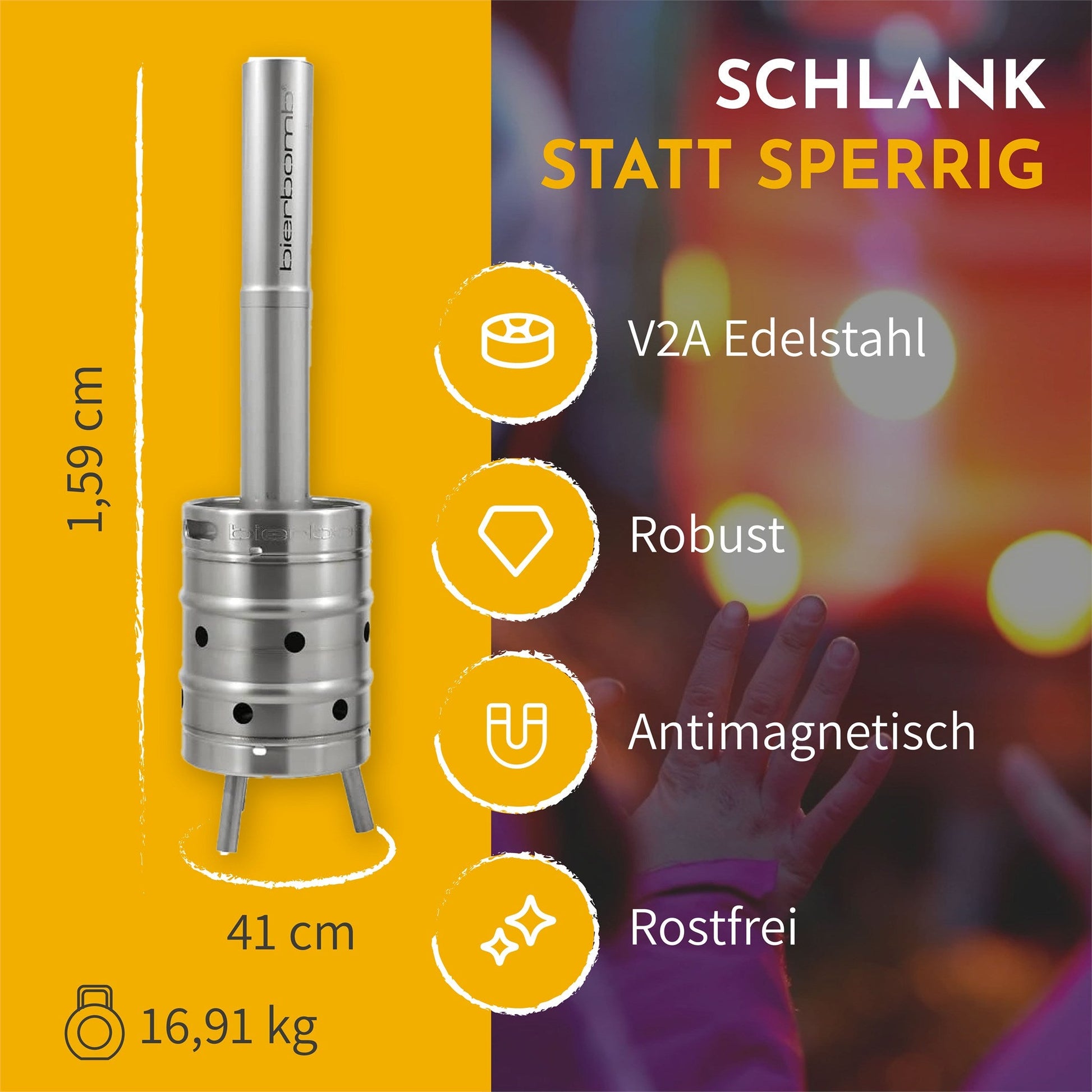 Infografik: bierbomb Feuertonne, 1,59 m hoch, 41 cm breit, 16,91 kg - V2A Edelstahl, robust, antimagnetisch, rostfrei