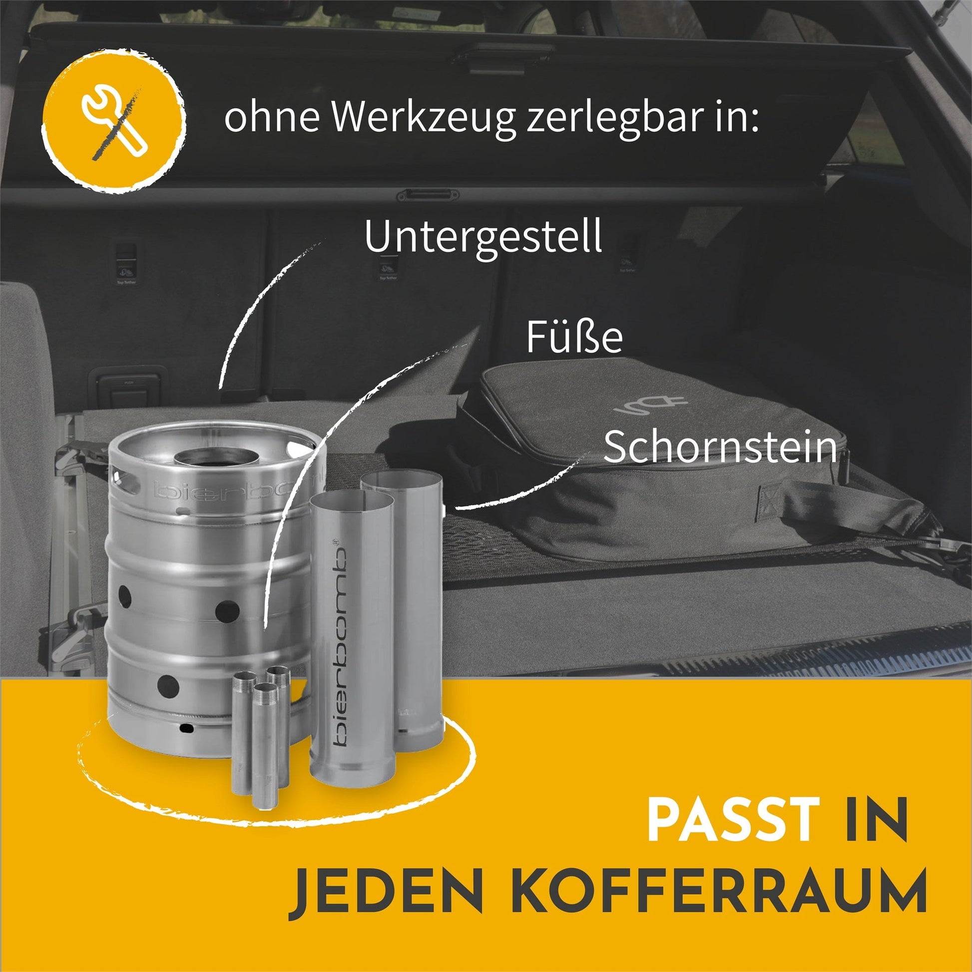 Infografik: ohne Werkzeug zerlegbar in Untergestell, Fuesse und Schornstein - zerlegt im Kofferraum eines Autos