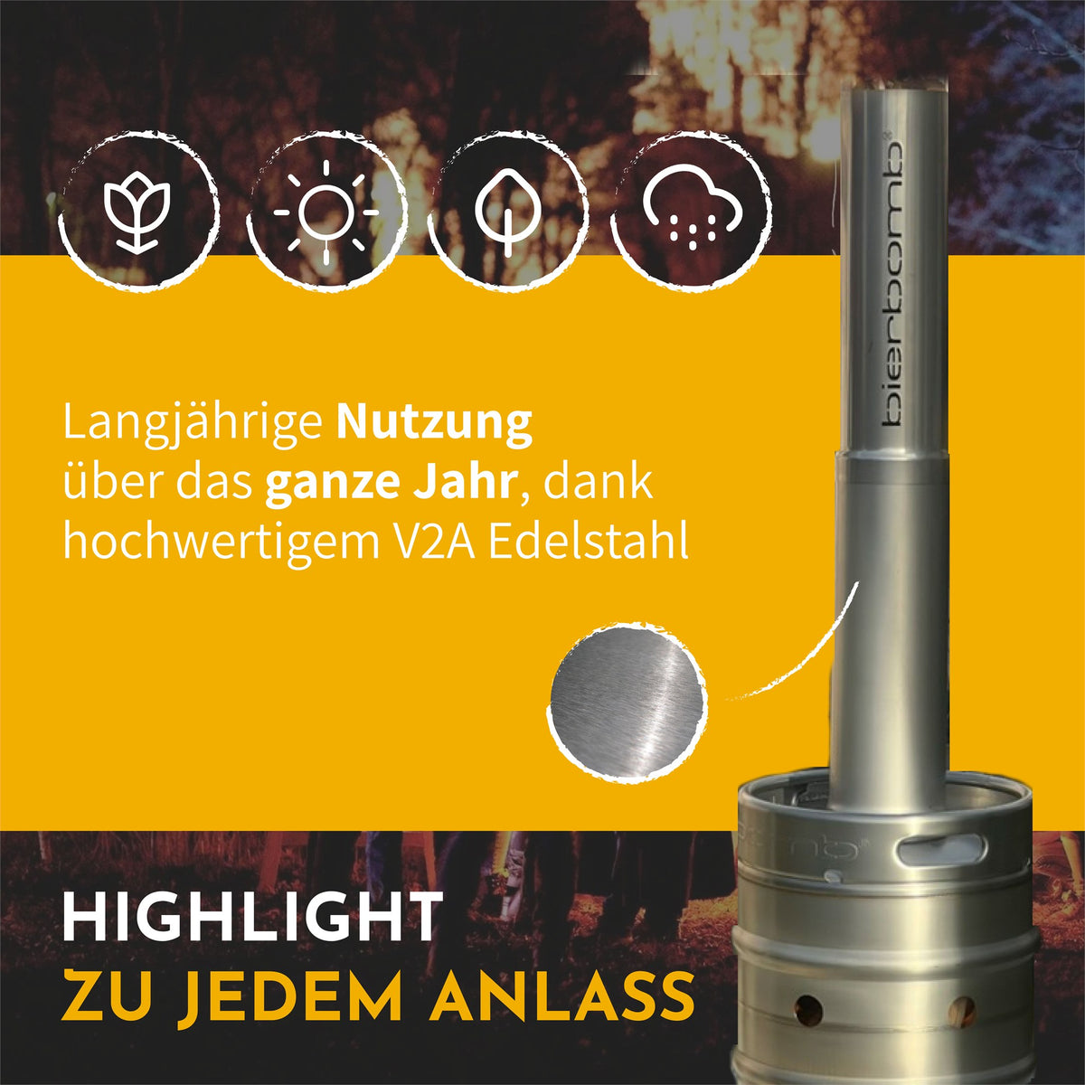 Infografik: Nahaufnahme des V2A-Edelstahls – langjährige Nutzung über das ganze Jahr, Highlight zu jedem Anlass