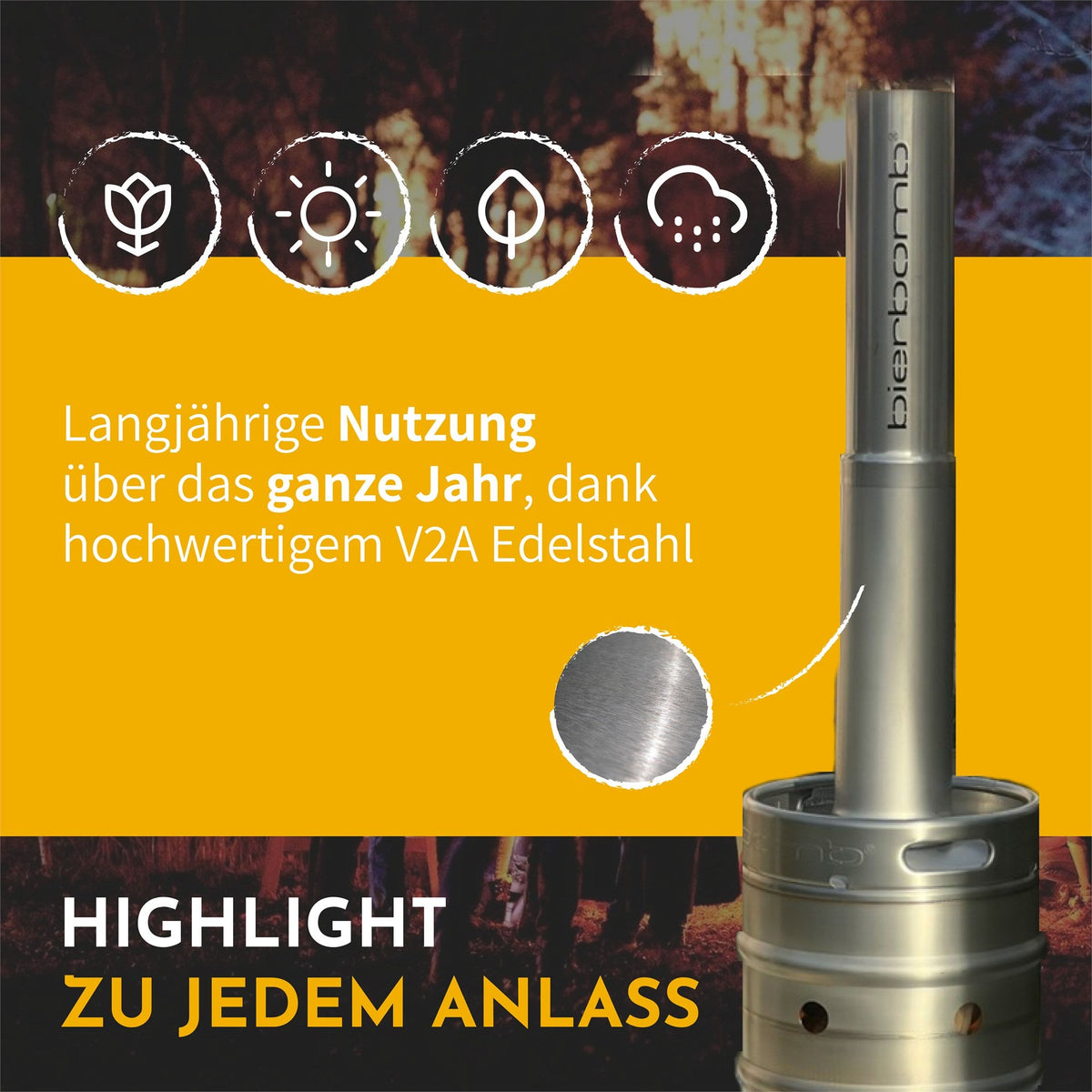 Infografik: Nahaufnahme des V2A-Edelstahls - langjaehrige Nutzung ueber das ganze Jahr, Highlight zu jedem Anlass