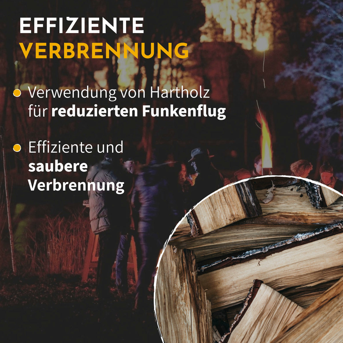 Infografik: effiziente Verbrennung – Hartholz für reduzierten Funkenflug, effiziente und saubere Verbrennung