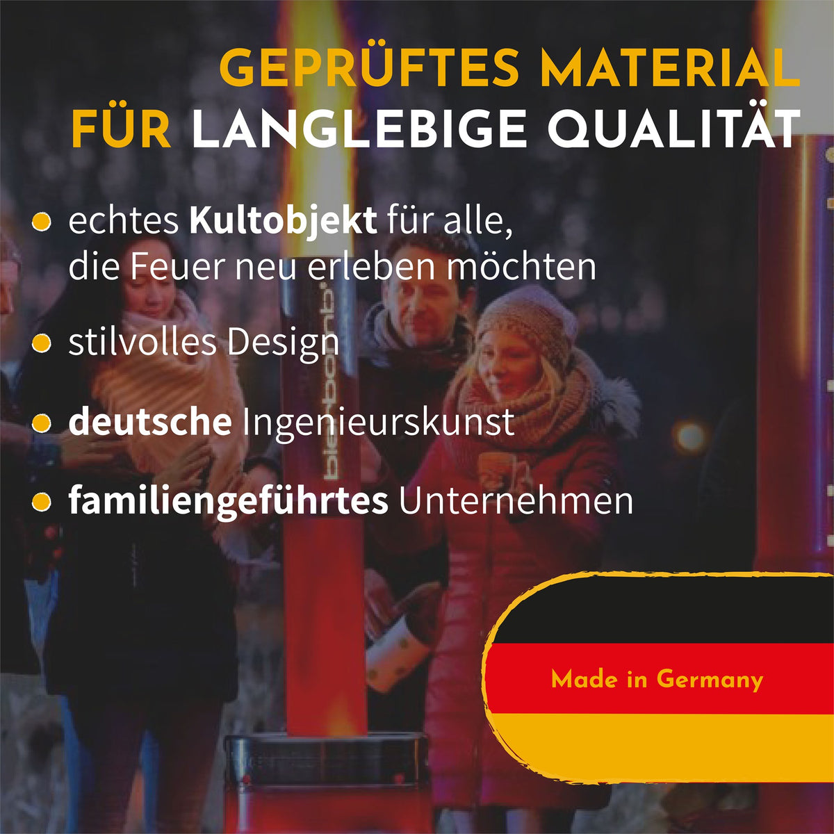Infografik: geprüftes Material, stilvolles Design, deutsche Ingenieurskunst, familiengeführtes Unternehmen – Made in Germany