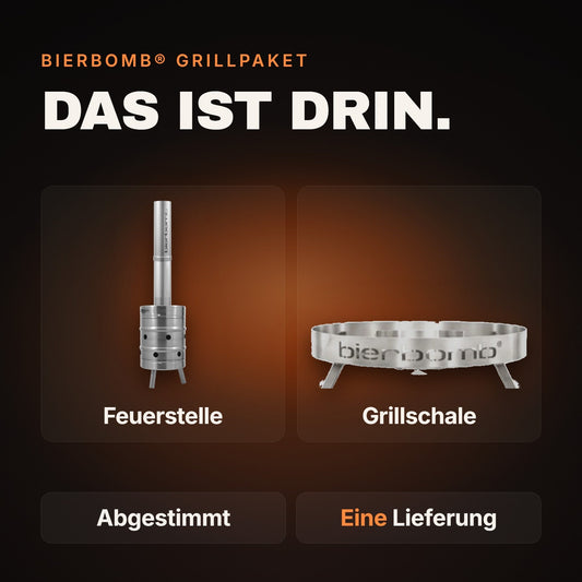 bierbomb Grillpaket: Feuerstelle und runde Grillschale nebeneinander - aufeinander abgestimmt und in einer Lieferung