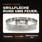 Runde Grillschale aus 3 mm V2A-Edelstahl mit ausgestanztem bierbomb-Schriftzug - passgenau auf dem Fassrand und spuelmaschinenfest