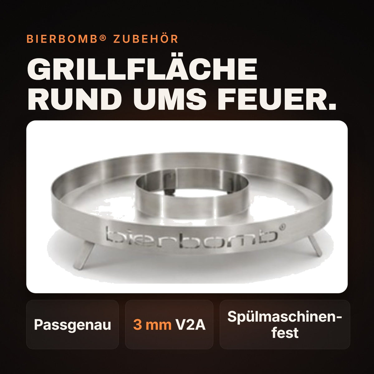 Runde Grillschale aus 3 mm V2A-Edelstahl mit ausgestanztem bierbomb-Schriftzug - passgenau auf dem Fassrand und spuelmaschinenfest