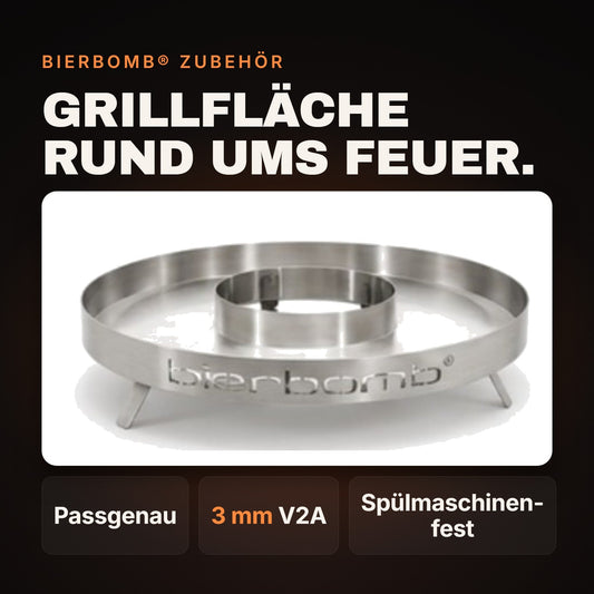 Runde Grillschale aus 3 mm V2A-Edelstahl mit ausgestanztem bierbomb-Schriftzug - passgenau auf dem Fassrand und spuelmaschinenfest