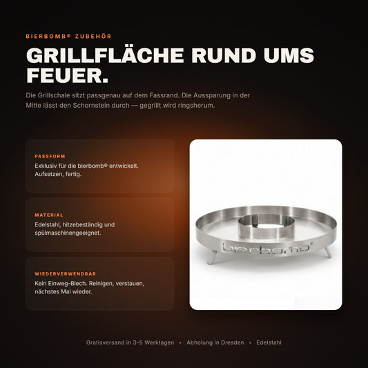 Runde Grillschale aus Edelstahl mit ausgestanztem bierbomb-Schriftzug – sitzt passgenau auf dem Fassrand, Aussparung in der Mitte für den Schornstein