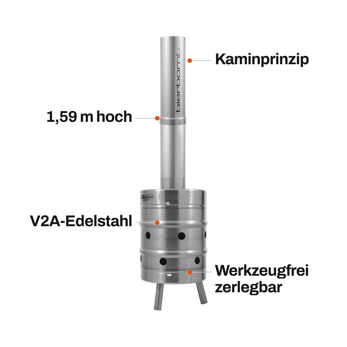bierbomb Feuertonne freigestellt mit vier Angaben: Kaminprinzip, 1,59 m hoch, V2A-Edelstahl, werkzeugfrei zerlegbar